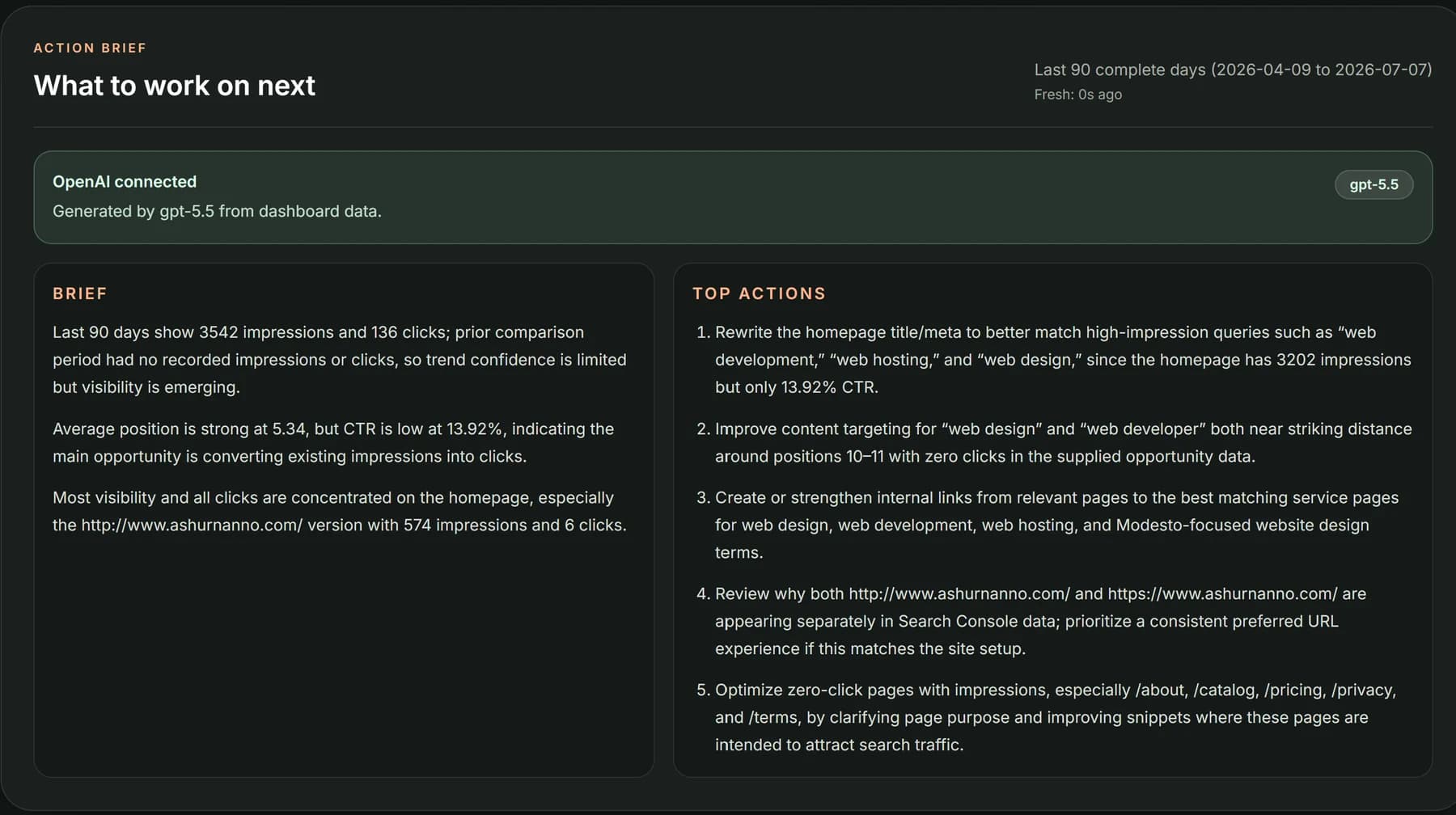 AI SEO action brief with next recommended actions